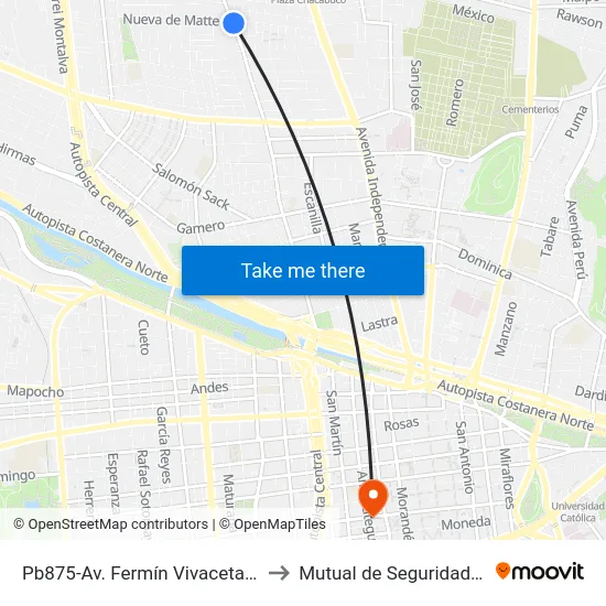 Pb875-Av. Fermín Vivaceta / Esq. Nueva De Matte to Mutual de Seguridad C.Ch.C. Agustinas map