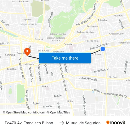 Pc470-Av. Francisco Bilbao / Esq. Avenida Los Leones to Mutual de Seguridad C.Ch.C. Agustinas map