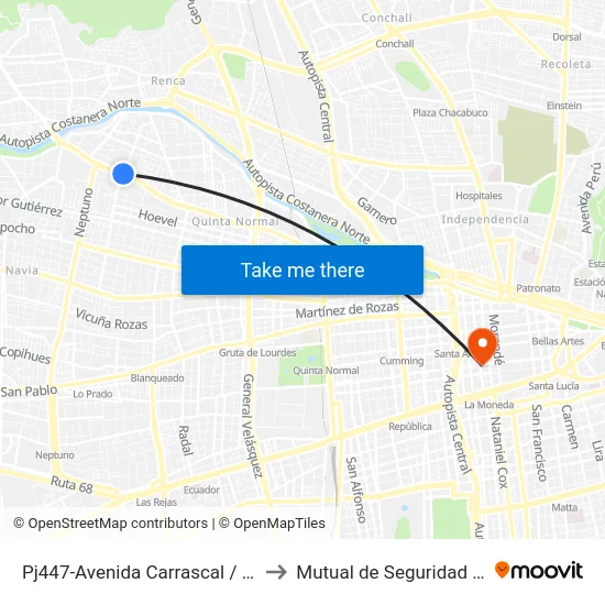 Pj447-Avenida Carrascal / Esq. Samuel Izquierdo to Mutual de Seguridad C.Ch.C. Agustinas map