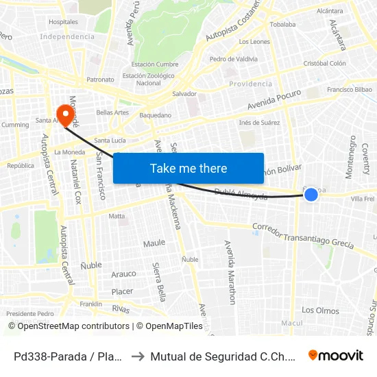 Pd338-Parada / Plaza Ñuñoa to Mutual de Seguridad C.Ch.C. Agustinas map