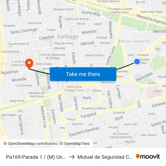 Pa169-Parada 1 / (M) Universidad Católica to Mutual de Seguridad C.Ch.C. Agustinas map