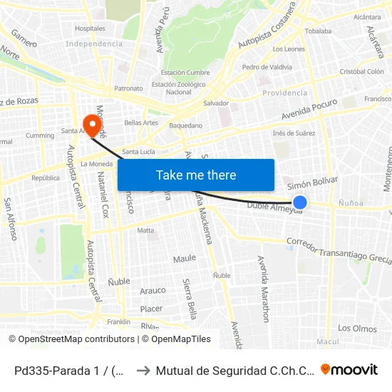 Pd335-Parada 1 / (M) Ñuñoa to Mutual de Seguridad C.Ch.C. Agustinas map