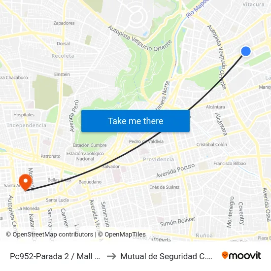 Pc952-Parada 2 / Mall Parque Arauco to Mutual de Seguridad C.Ch.C. Agustinas map