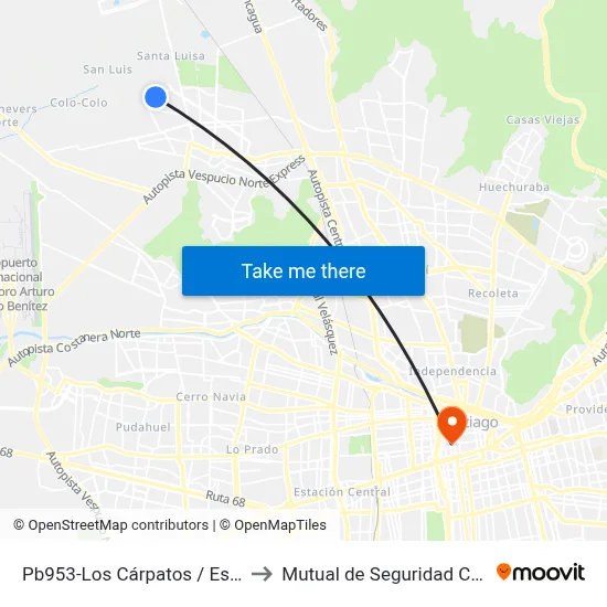 Pb953-Los Cárpatos / Esq. Los Himalayas to Mutual de Seguridad C.Ch.C. Agustinas map