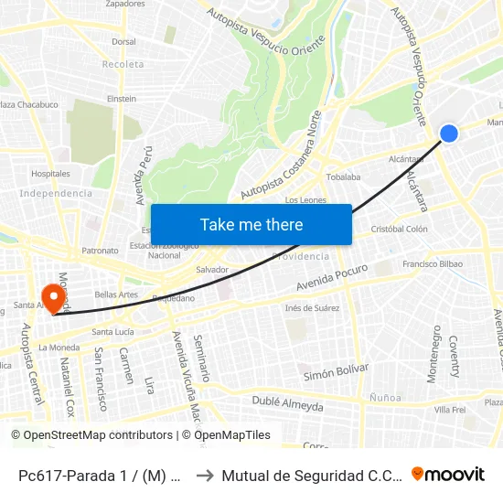 Pc617-Parada 1 / (M) Escuela Militar to Mutual de Seguridad C.Ch.C. Agustinas map