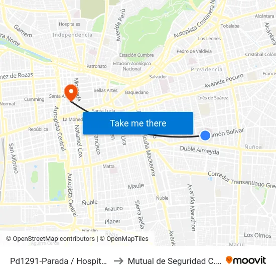 Pd1291-Parada / Hospital De Carabineros to Mutual de Seguridad C.Ch.C. Agustinas map
