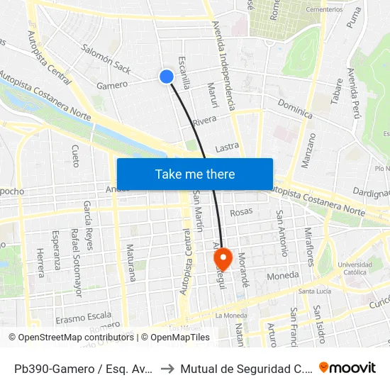 Pb390-Gamero / Esq. Av. Fermín Vivaceta to Mutual de Seguridad C.Ch.C. Agustinas map