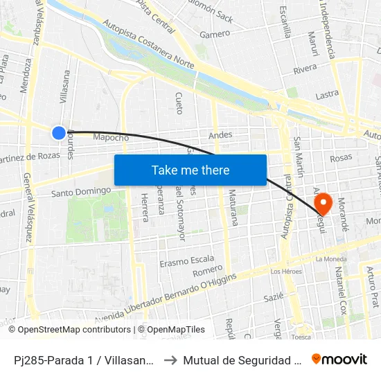 Pj285-Parada 1 / Villasana - Avenida Mapocho to Mutual de Seguridad C.Ch.C. Agustinas map