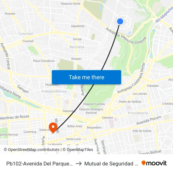 Pb102-Avenida Del Parque / Esq. Av. Del Cóndor to Mutual de Seguridad C.Ch.C. Agustinas map