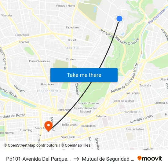 Pb101-Avenida Del Parque / Esq. Av. Del Cóndor to Mutual de Seguridad C.Ch.C. Agustinas map