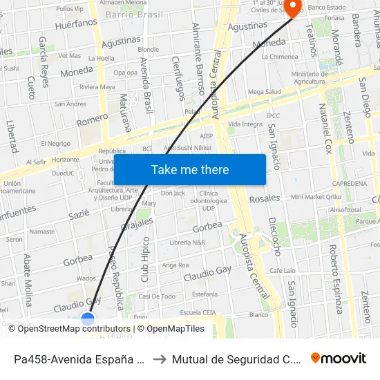 Pa458-Avenida España / Esq. Domeyko to Mutual de Seguridad C.Ch.C. Agustinas map