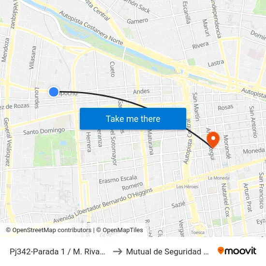 Pj342-Parada 1 / M. Rivas Vicuña - Mapocho to Mutual de Seguridad C.Ch.C. Agustinas map