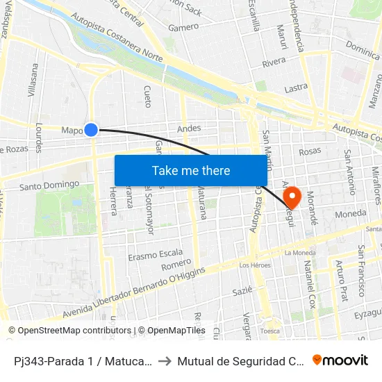 Pj343-Parada 1 / Matucana - Av. Mapocho to Mutual de Seguridad C.Ch.C. Agustinas map