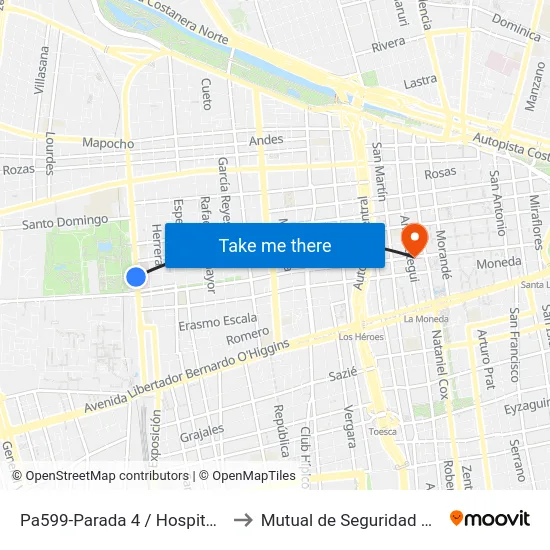 Pa599-Parada 4 / Hospital San Juan De Dios to Mutual de Seguridad C.Ch.C. Agustinas map