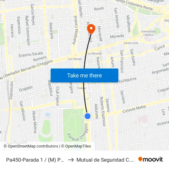 Pa450-Parada 1 / (M) Parque O'Higgins to Mutual de Seguridad C.Ch.C. Agustinas map