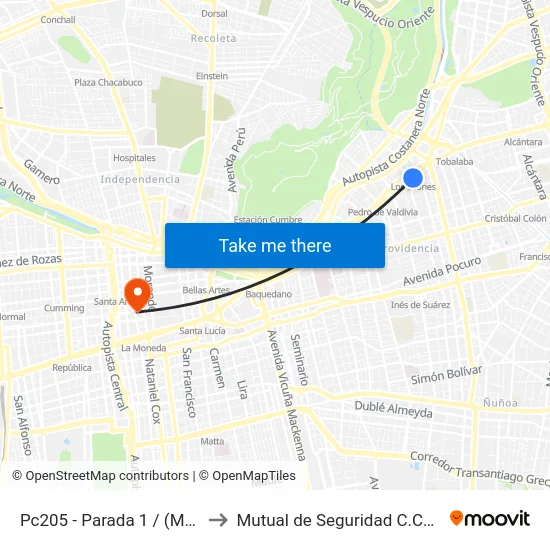 Pc205 - Parada 1 / (M) Los Leones to Mutual de Seguridad C.Ch.C. Agustinas map