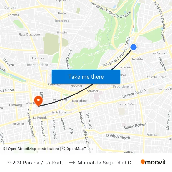 Pc209-Parada / La Portada De Vitacura to Mutual de Seguridad C.Ch.C. Agustinas map