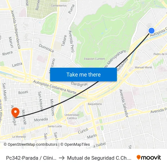 Pc342-Parada / Clínica Indisa to Mutual de Seguridad C.Ch.C. Agustinas map