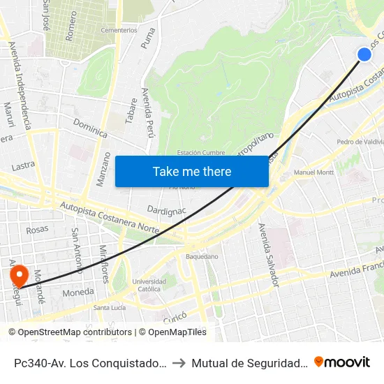Pc340-Av. Los Conquistadores / Esq. Padre Letelier to Mutual de Seguridad C.Ch.C. Agustinas map