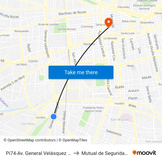 Pi74-Av. General Velásquez / Esq. Av. Departamental to Mutual de Seguridad C.Ch.C. Agustinas map