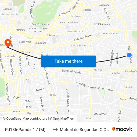 Pd186-Parada 1 / (M) Simón Bolívar to Mutual de Seguridad C.Ch.C. Agustinas map