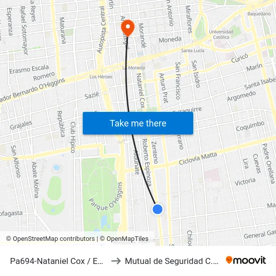 Pa694-Nataniel Cox / Esq. Pedro Lagos to Mutual de Seguridad C.Ch.C. Agustinas map