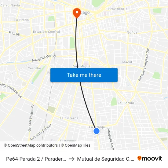 Pe64-Parada 2 / Paradero 27 Santa Rosa to Mutual de Seguridad C.Ch.C. Agustinas map