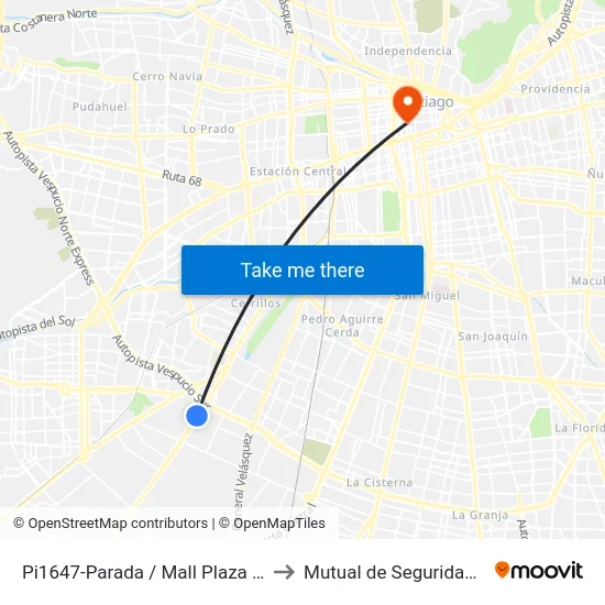 Pi1647-Parada / Mall Plaza Oeste - Camino Lonquén to Mutual de Seguridad C.Ch.C. Agustinas map