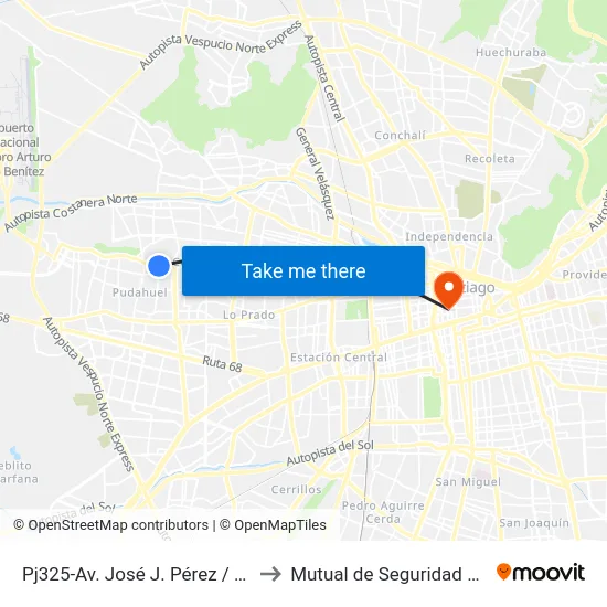 Pj325-Av. José J. Pérez / Esq. Arbizu Campos to Mutual de Seguridad C.Ch.C. Agustinas map
