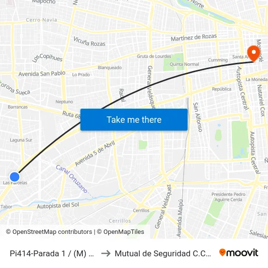 Pi414-Parada 1 / (M) Las Parcelas to Mutual de Seguridad C.Ch.C. Agustinas map