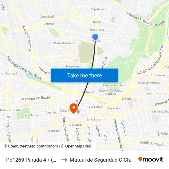Pb1269-Parada 4 / (M) Einstein to Mutual de Seguridad C.Ch.C. Agustinas map