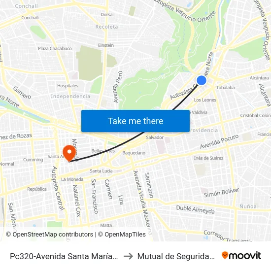 Pc320-Avenida Santa María / Esq. Puente Los Leones to Mutual de Seguridad C.Ch.C. Agustinas map