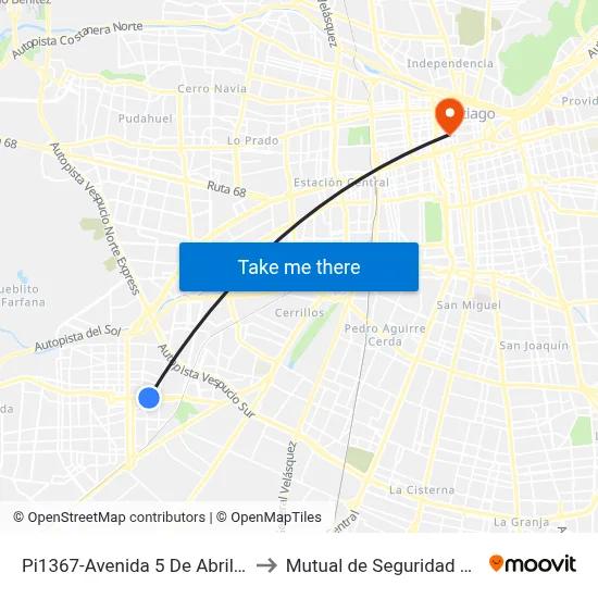 Pi1367-Avenida 5 De Abril / Esq. Las Terrazas to Mutual de Seguridad C.Ch.C. Agustinas map