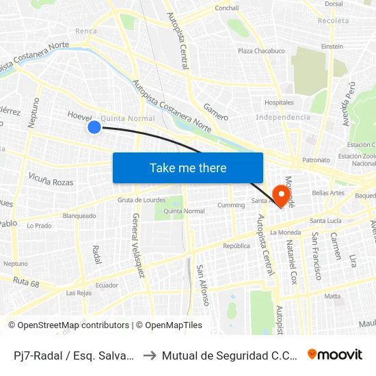 Pj7-Radal / Esq. Salvador Gutiérrez to Mutual de Seguridad C.Ch.C. Agustinas map