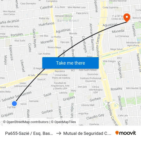 Pa655-Sazié / Esq. Bascuñán Guerrero to Mutual de Seguridad C.Ch.C. Agustinas map