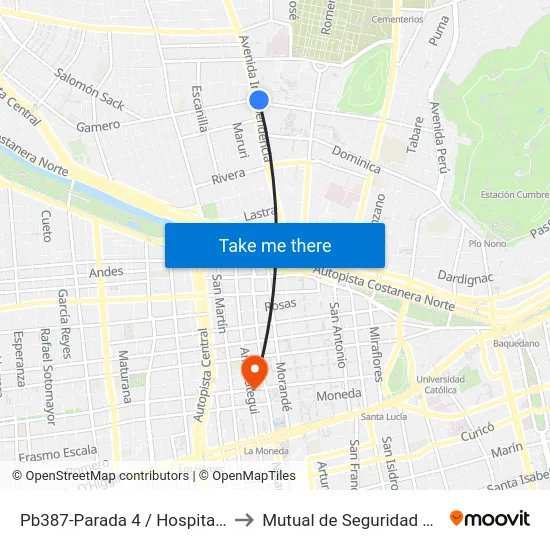 Pb387-Parada 4 / Hospital Clínico U. De Chile to Mutual de Seguridad C.Ch.C. Agustinas map