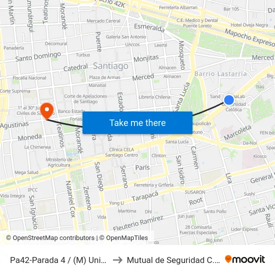 Pa42-Parada 4 / (M) Universidad Católica to Mutual de Seguridad C.Ch.C. Agustinas map