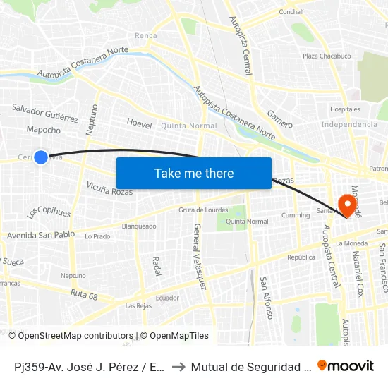 Pj359-Av. José J. Pérez / Esq. Avenida Las Torres to Mutual de Seguridad C.Ch.C. Agustinas map
