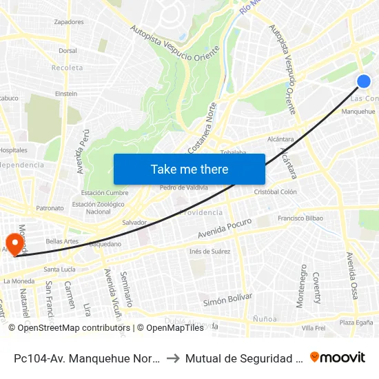 Pc104-Av. Manquehue Norte / Esq. Los Militares to Mutual de Seguridad C.Ch.C. Agustinas map