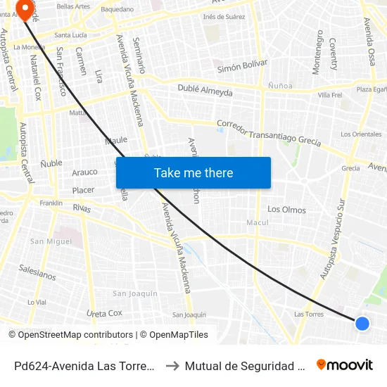 Pd624-Avenida Las Torres / Esq. Los Cerezos to Mutual de Seguridad C.Ch.C. Agustinas map