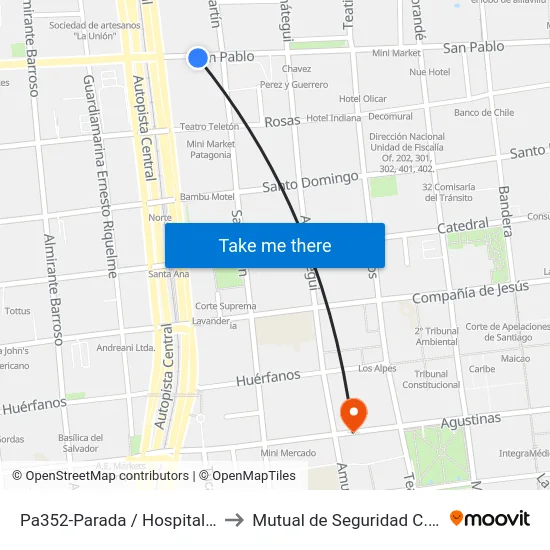 Pa352-Parada / Hospital Traumatológico to Mutual de Seguridad C.Ch.C. Agustinas map