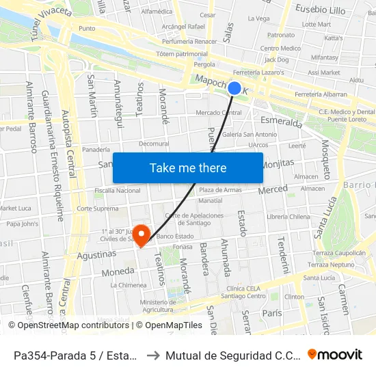 Pa354-Parada 5 / Estación Mapocho to Mutual de Seguridad C.Ch.C. Agustinas map