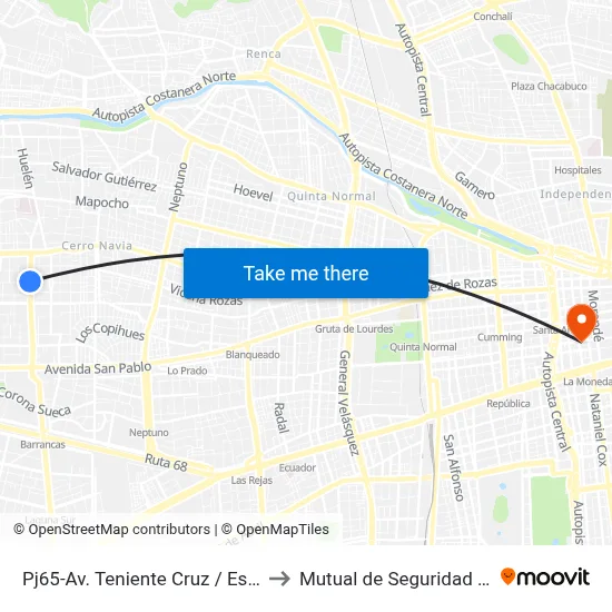 Pj65-Av. Teniente Cruz / Esq. Tomás Alba Edison to Mutual de Seguridad C.Ch.C. Agustinas map