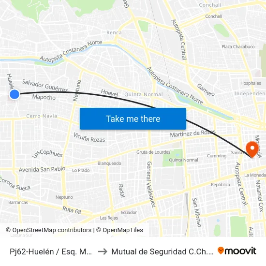Pj62-Huelén / Esq. Mapocho Sur to Mutual de Seguridad C.Ch.C. Agustinas map