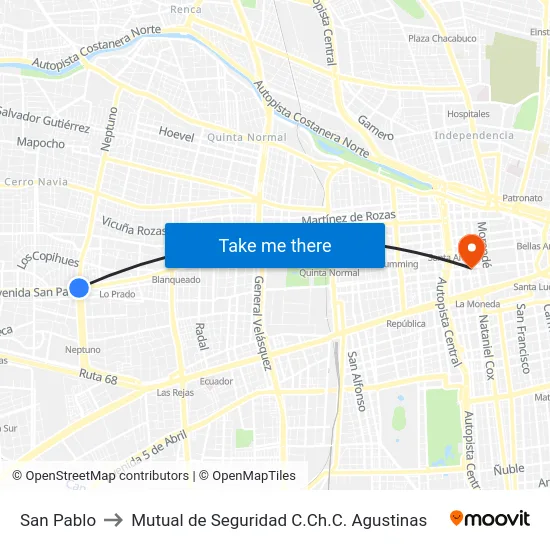 San Pablo to Mutual de Seguridad C.Ch.C. Agustinas map