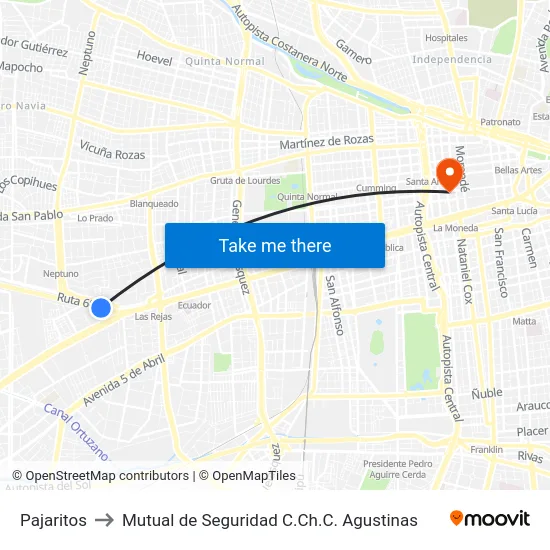 Pajaritos to Mutual de Seguridad C.Ch.C. Agustinas map