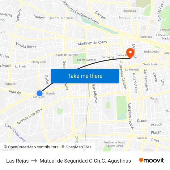 Las Rejas to Mutual de Seguridad C.Ch.C. Agustinas map