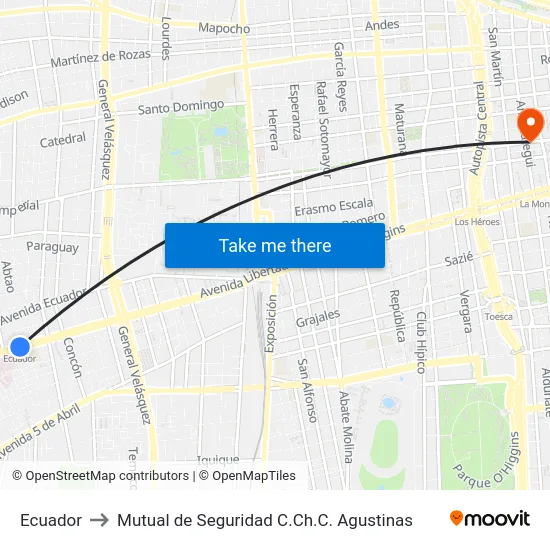 Ecuador to Mutual de Seguridad C.Ch.C. Agustinas map