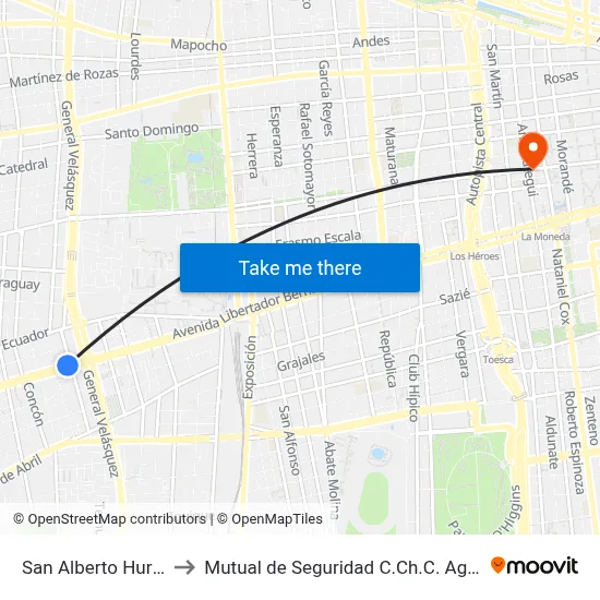 San Alberto Hurtado to Mutual de Seguridad C.Ch.C. Agustinas map