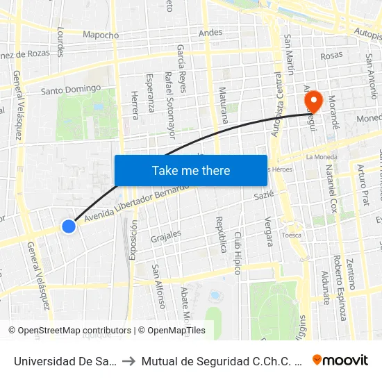 Universidad De Santiago to Mutual de Seguridad C.Ch.C. Agustinas map